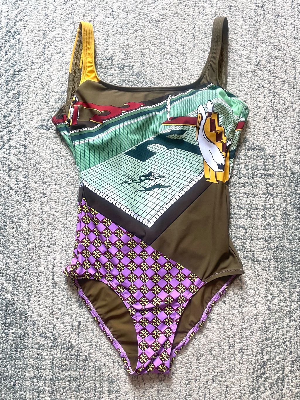 Nwot Tory Burch Pelican Reef + Logo Printed Tank Swimsuit Geometric Multicolor